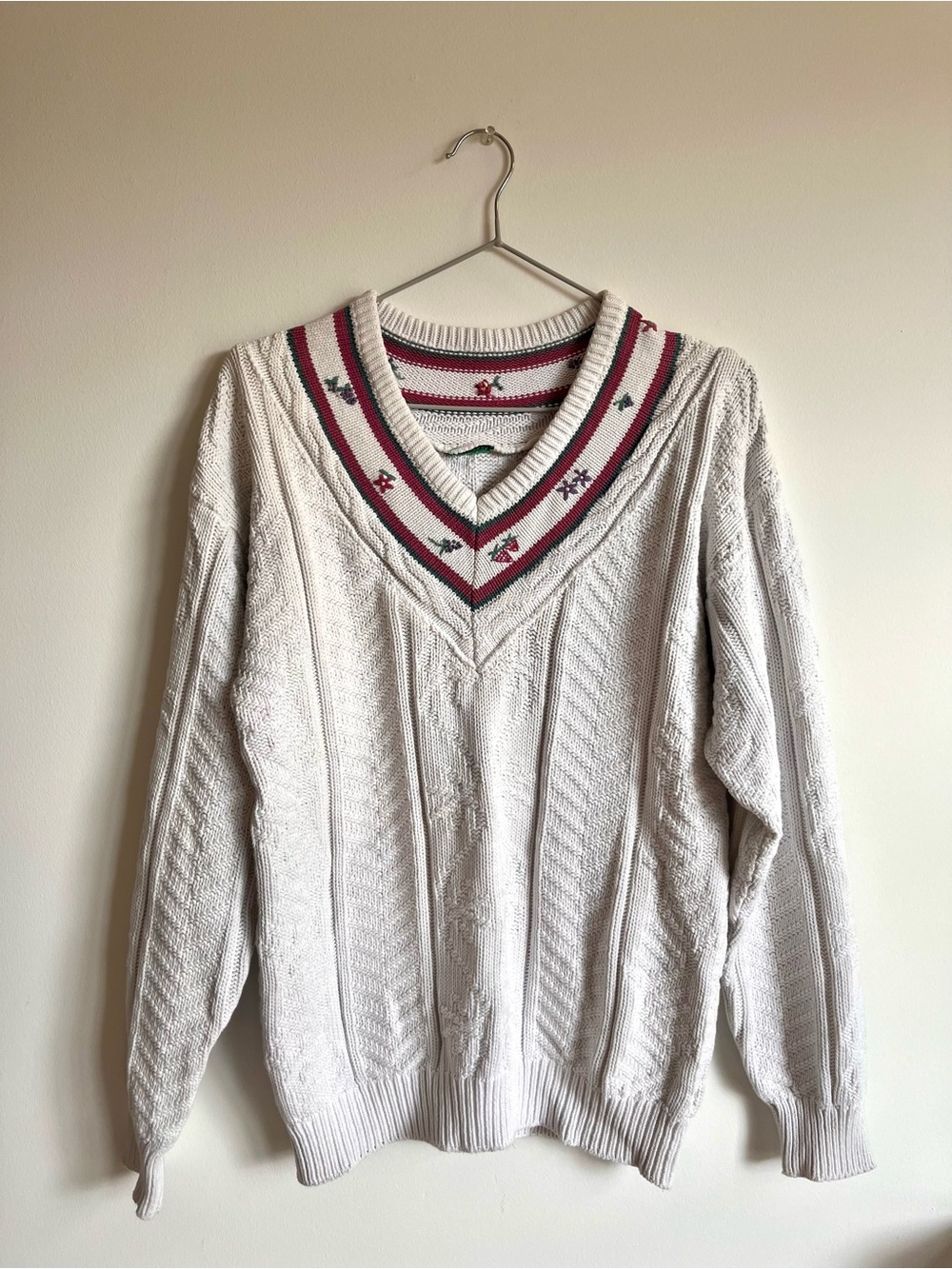 Vintage Cable Knit Embroidered Stripe V Neck Tennis Cricket Sweater